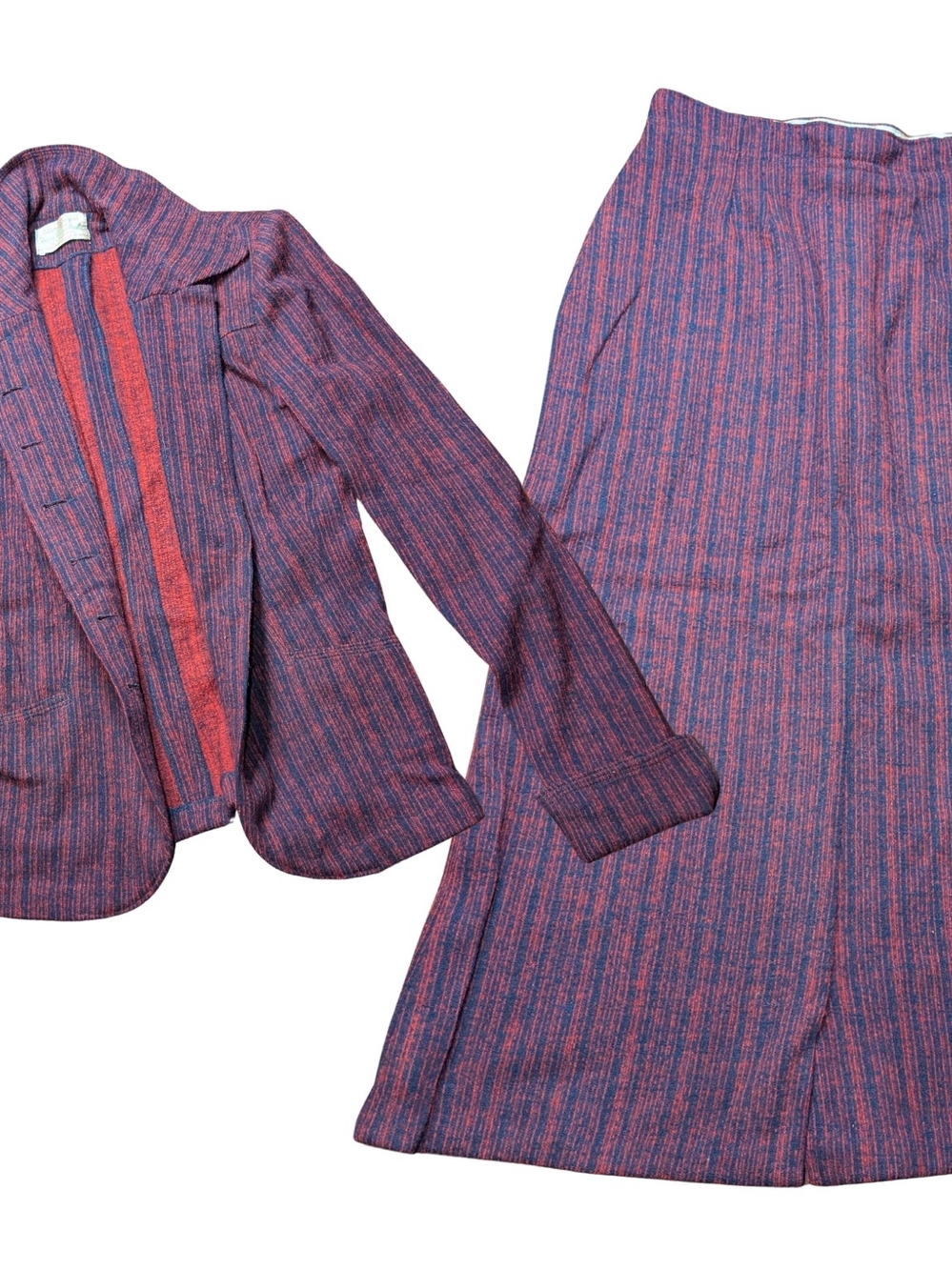 Vtg 50's Wool Tailored Red and Blue Textured Blazer and Skirt Set